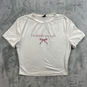 SHEIN Graphic Cropped T-Shirt Women Med White Im‎ Literally Just A Girl Pink Bow